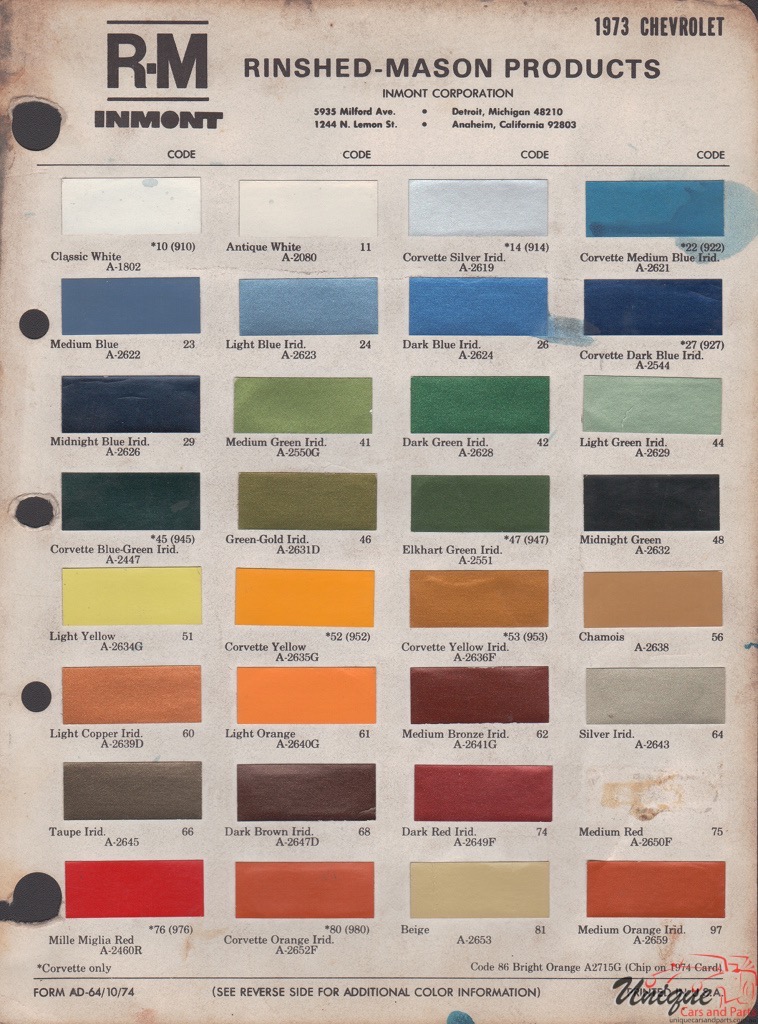 1973 Chev Paint Charts RM 1